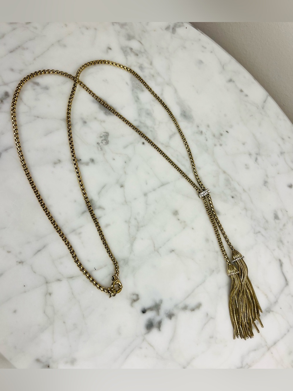J.Crew Gold Tone Tassel Lariat Necklace – Long Box Chain Two Tassels Statement